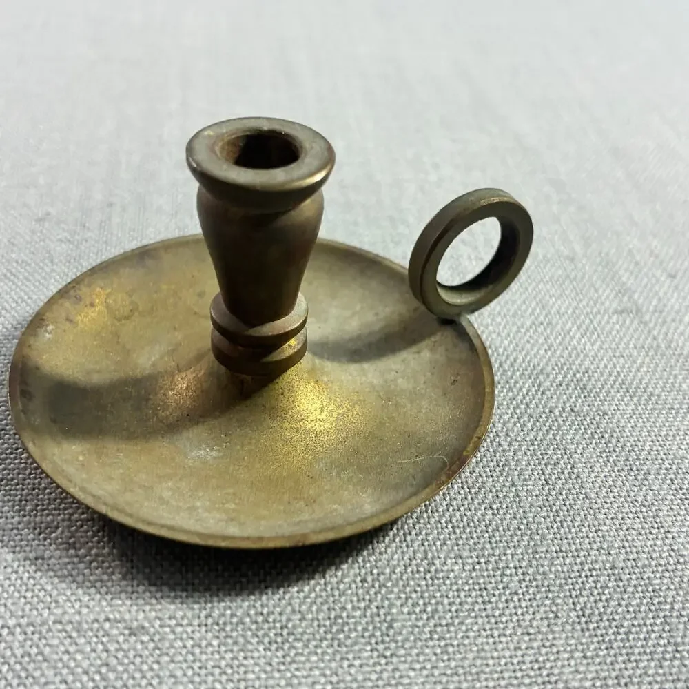 Vintage Solid Brass Mini Chamberstick Finger Loop Candle Holder 2 Inch Rustic